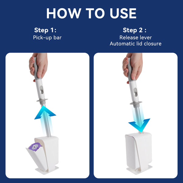 Dovety Disposable Toilet Brush with 20 Refills Refills Step 1: Pick-up bar Step 2 : Release lever Automatic lid closure